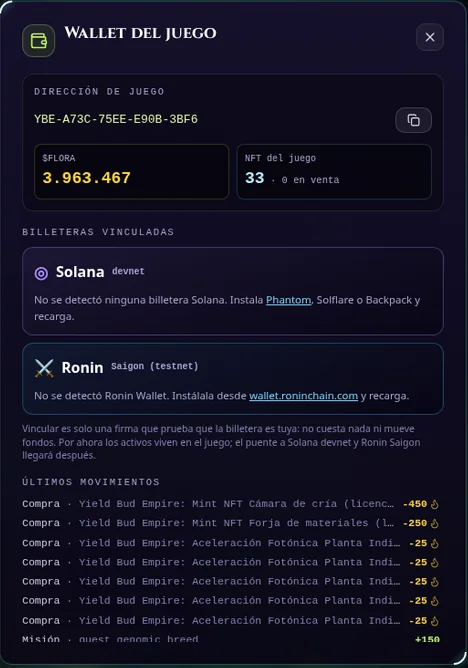 In-game wallet: address, balance, linked wallets and latest movements